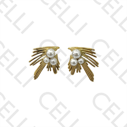 不锈钢耳环 - 带珍珠的翅膀