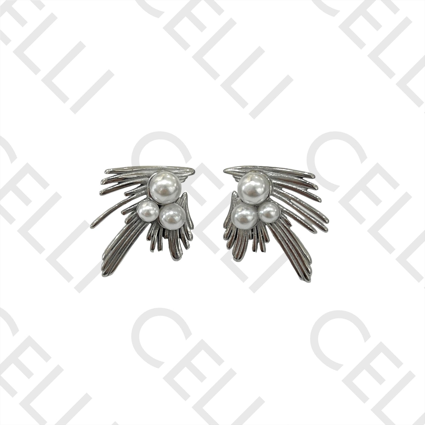 不锈钢耳环 - 带珍珠的翅膀