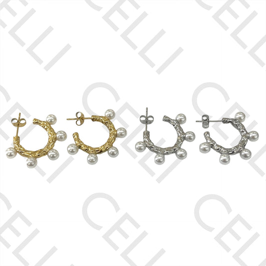 不锈钢耳环 - 带珍珠的圆环