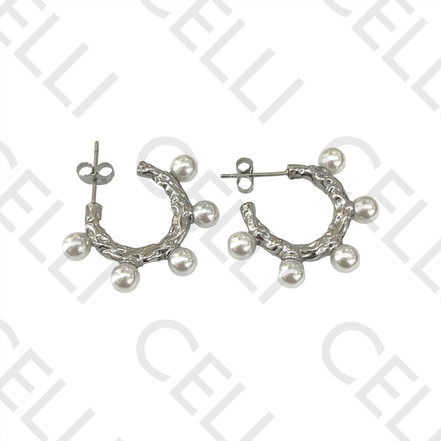 不锈钢耳环 - 带珍珠的圆环