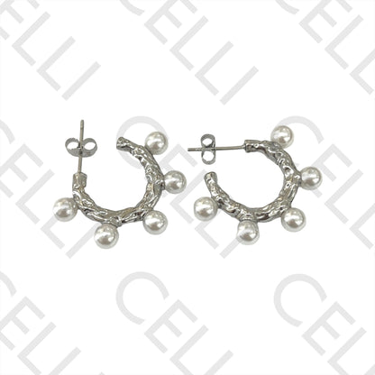 不锈钢耳环 - 带珍珠的圆环
