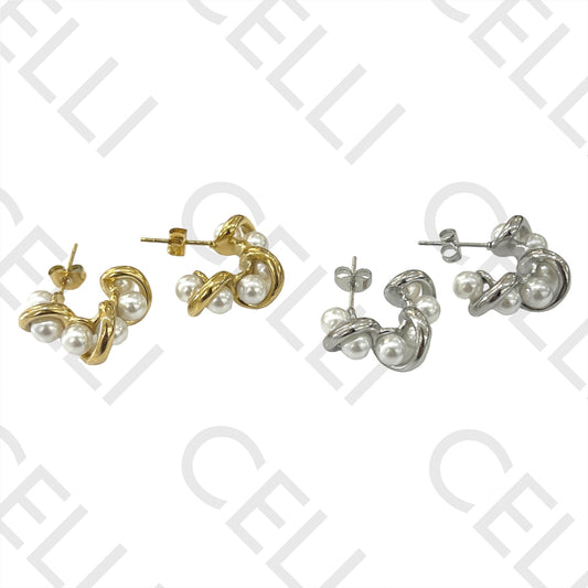 钢制耳环 - 中间带珍珠圆环