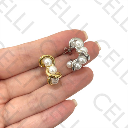 钢制耳环 - 中间带珍珠圆环