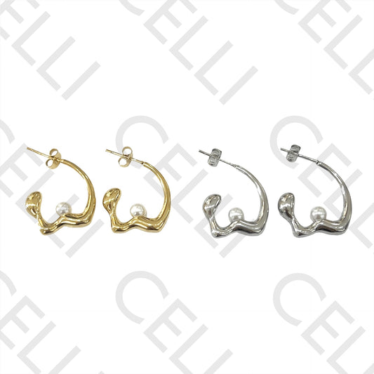 不锈钢耳环 - 带珍珠的圆环