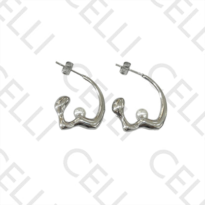 不锈钢耳环 - 带珍珠的圆环