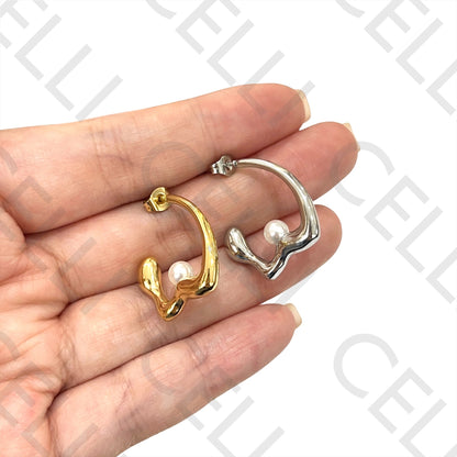 不锈钢耳环 - 带珍珠的圆环