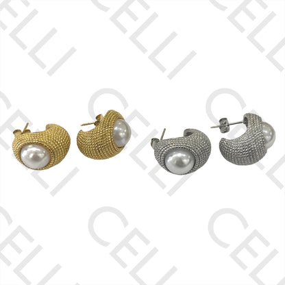 不锈钢耳环 - 带珍珠的圆环