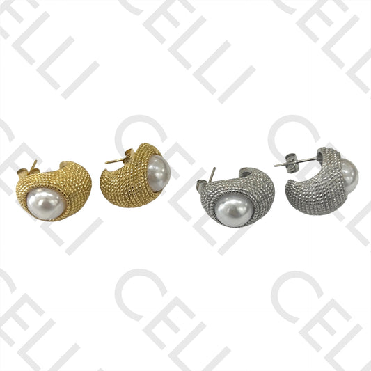 不锈钢耳环 - 带珍珠的圆环