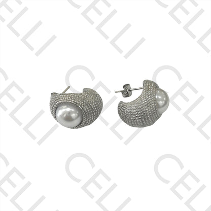 不锈钢耳环 - 带珍珠的圆环