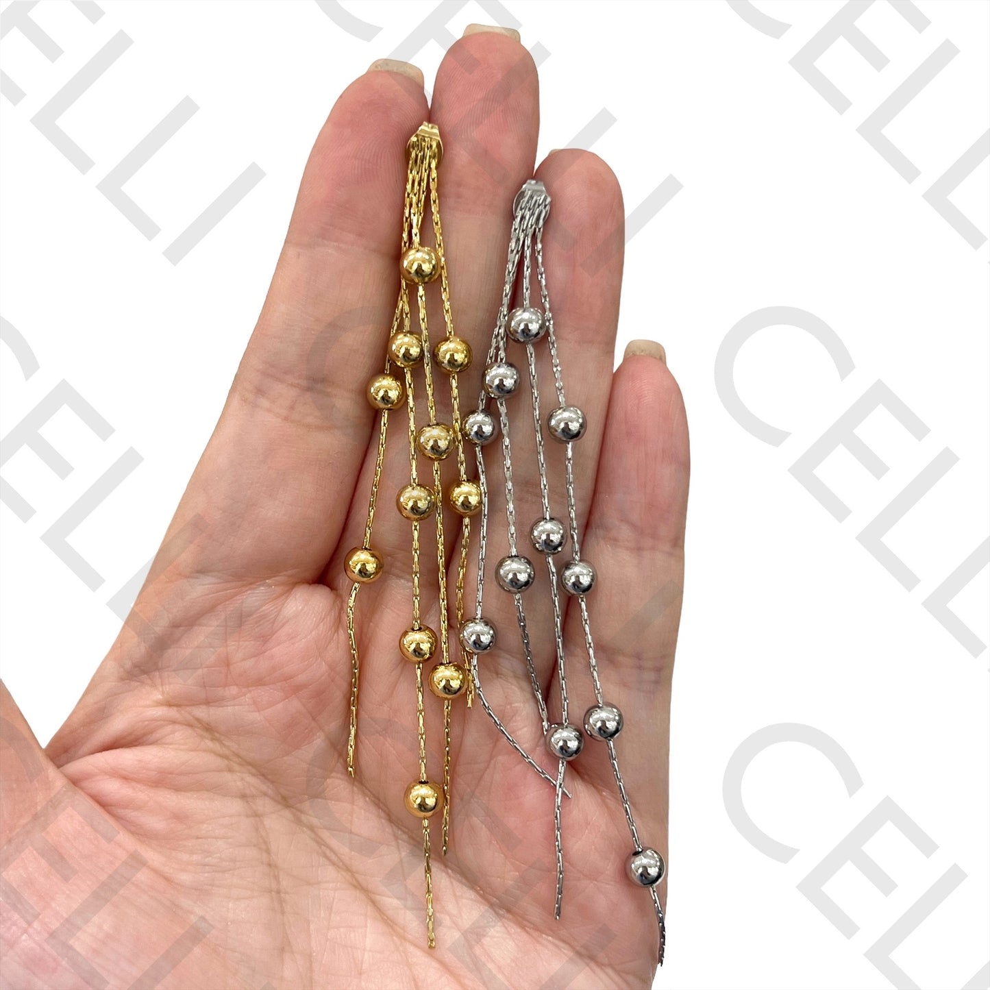 不锈钢耳环 - 链条与间隔球