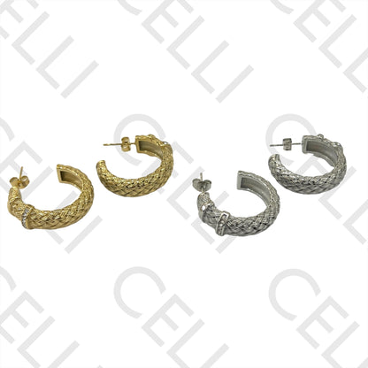 不锈钢耳环 - 编织圆环带亮钻