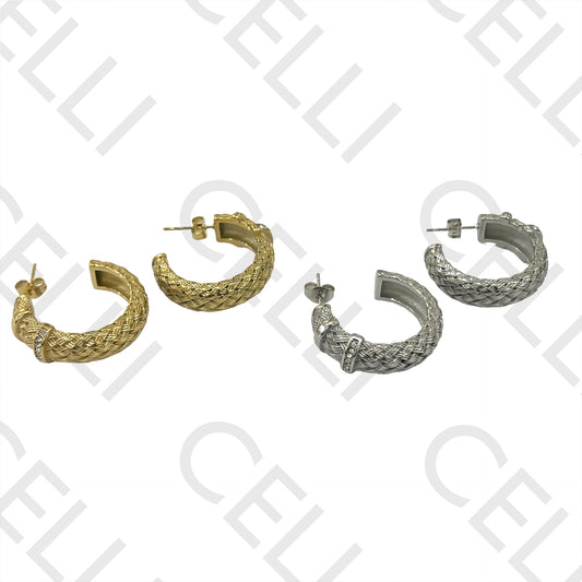 不锈钢耳环 - 编织圆环带亮钻