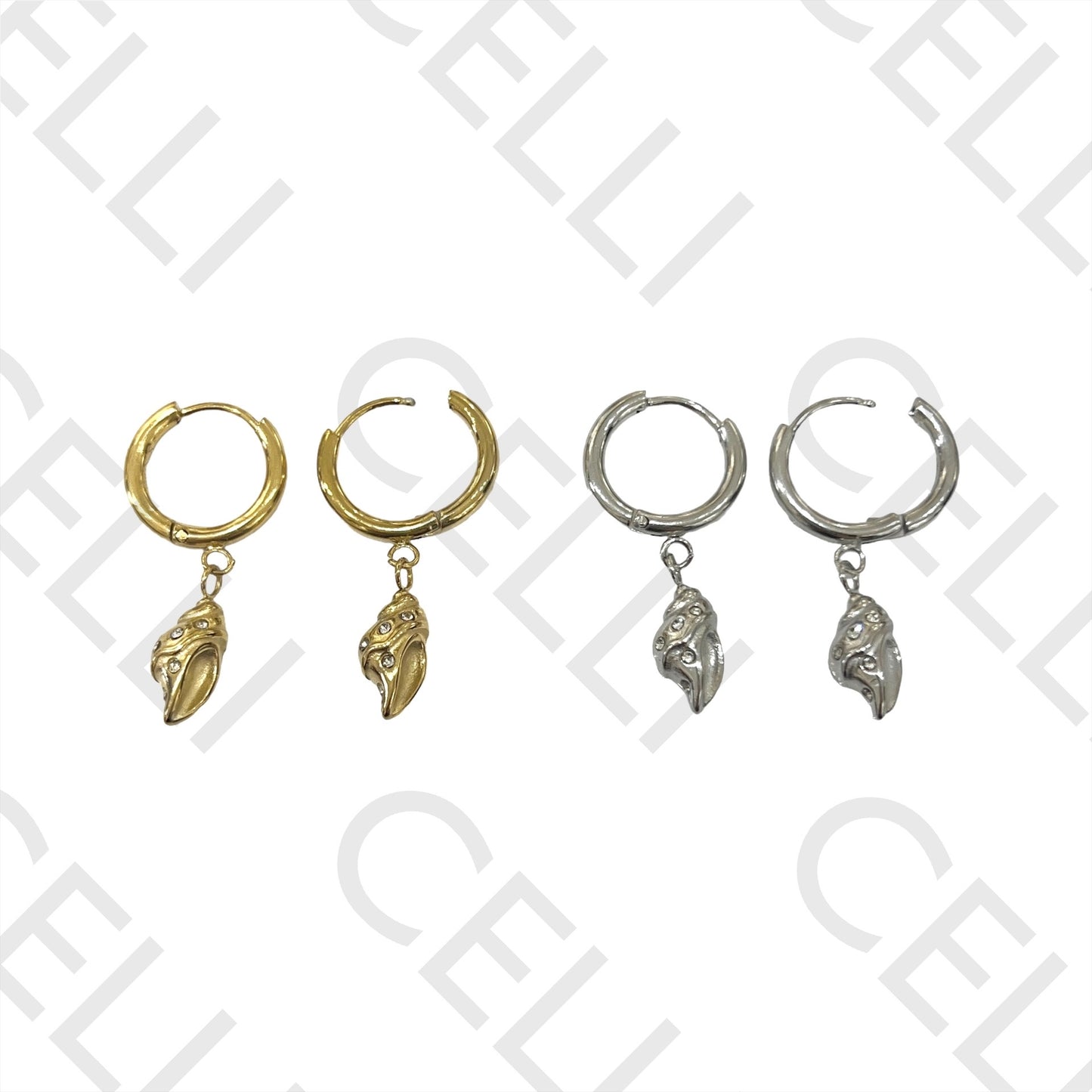 不锈钢耳环 - 带贝壳和闪亮装饰的圆环