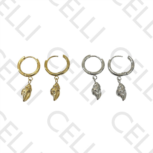 不锈钢耳环 - 带贝壳和闪亮装饰的圆环