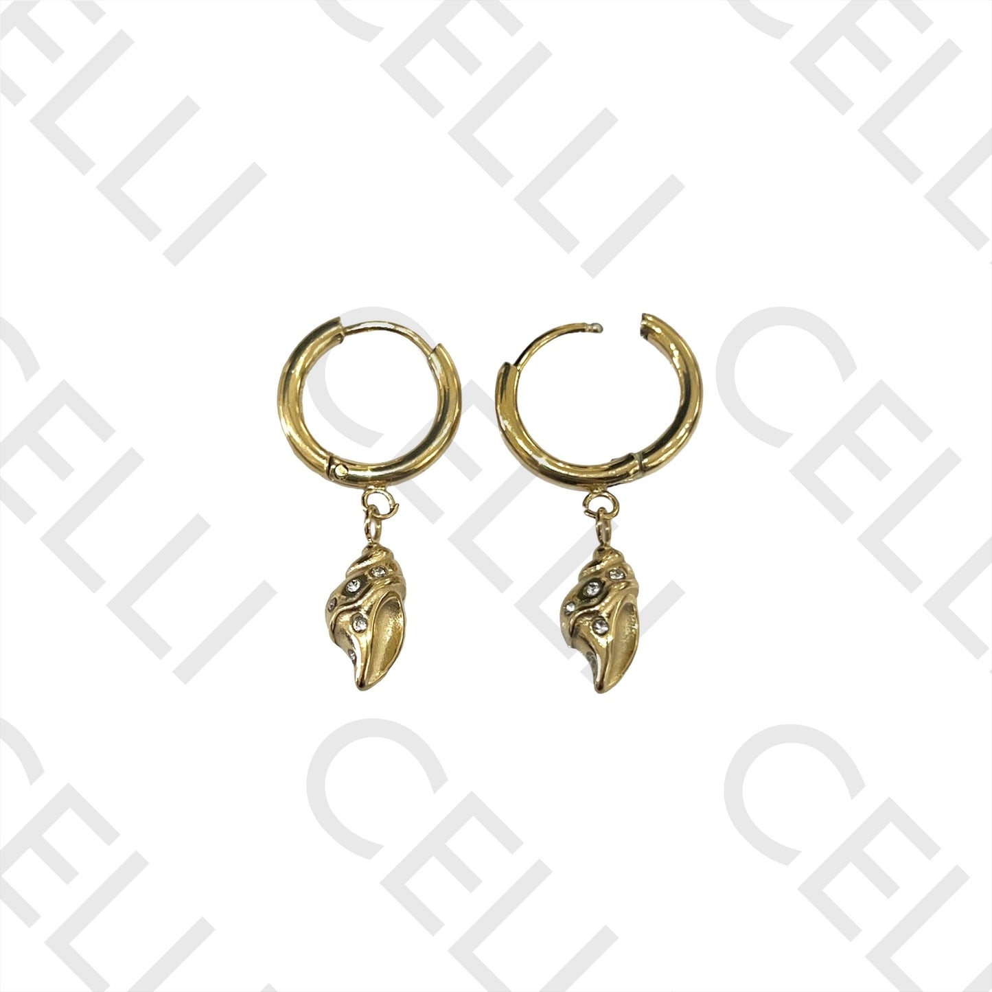 不锈钢耳环 - 带贝壳和闪亮装饰的圆环