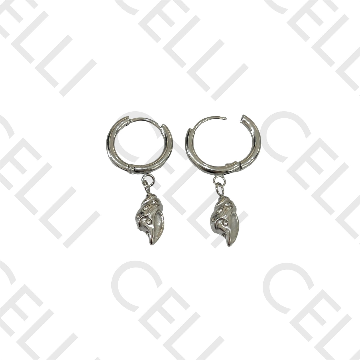 不锈钢耳环 - 带贝壳和闪亮装饰的圆环