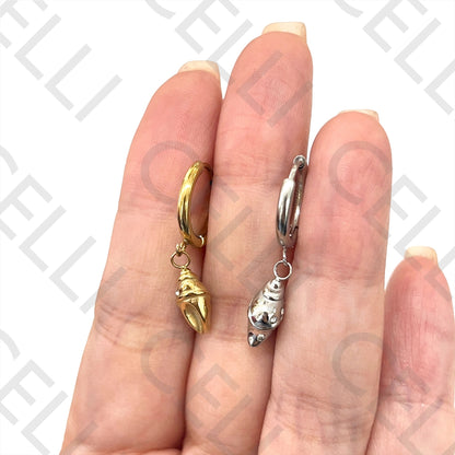 不锈钢耳环 - 带贝壳和闪亮装饰的圆环