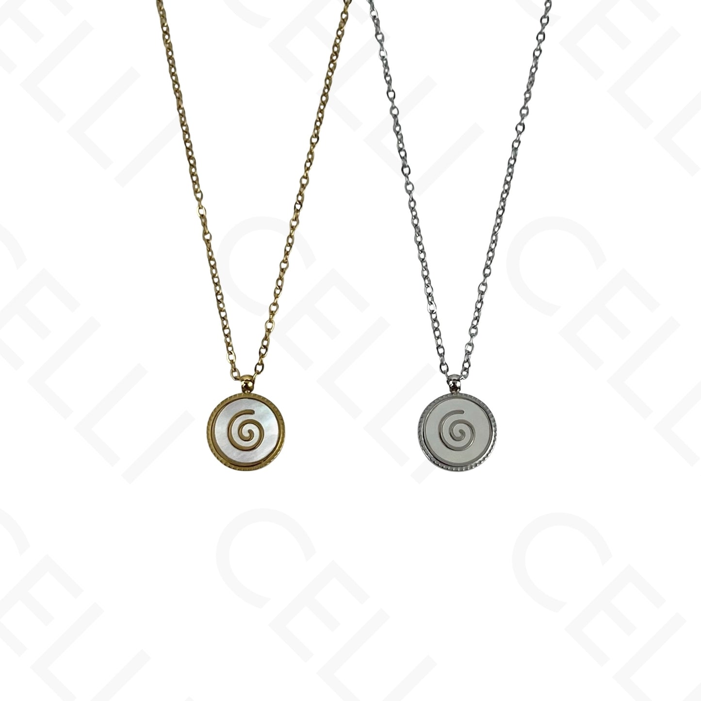 Steel Necklace/Earring/Bracelet - round with mother-of-pearl