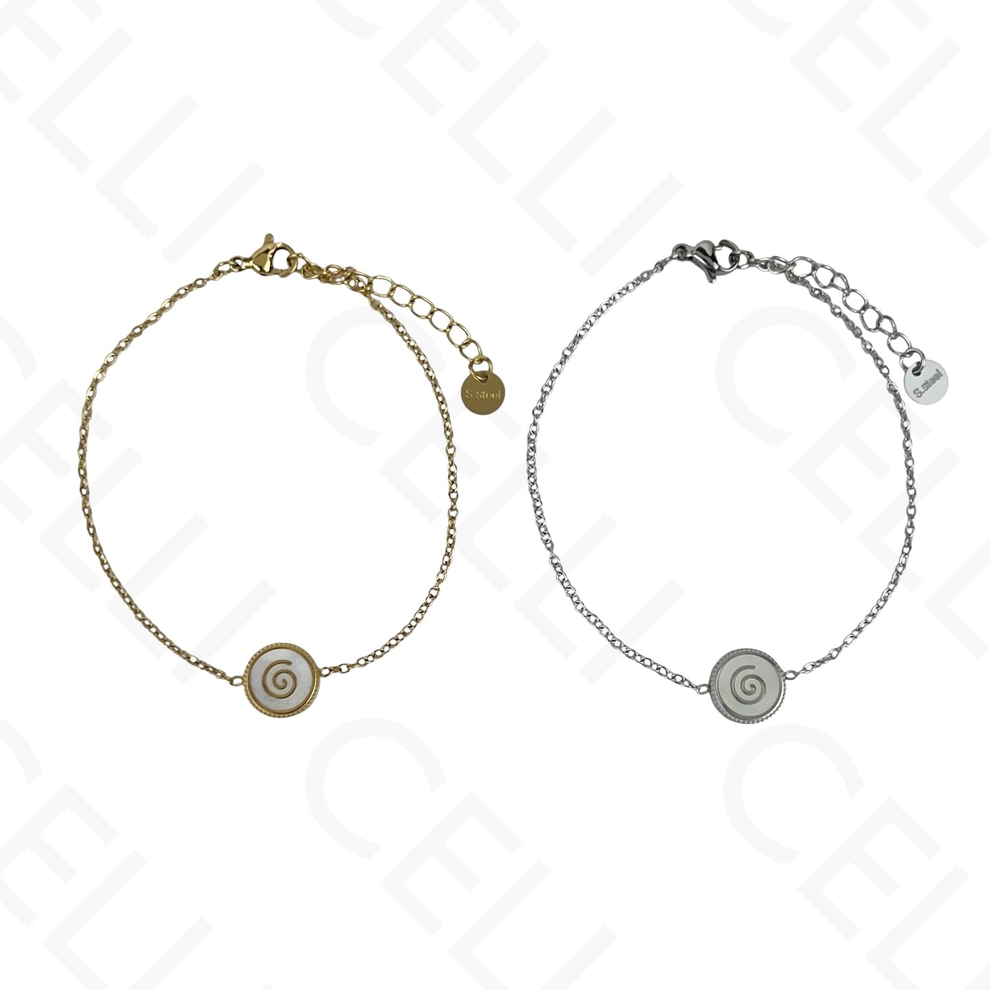 Steel Necklace/Earring/Bracelet - round with mother-of-pearl