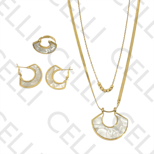 Conjunto de Colar, Brincos e Anel de Aço