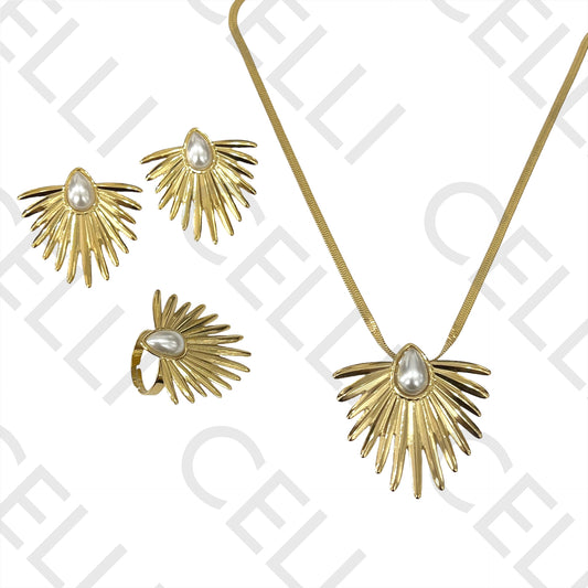 Conjunto de Colar, Brincos e Anel de Aço