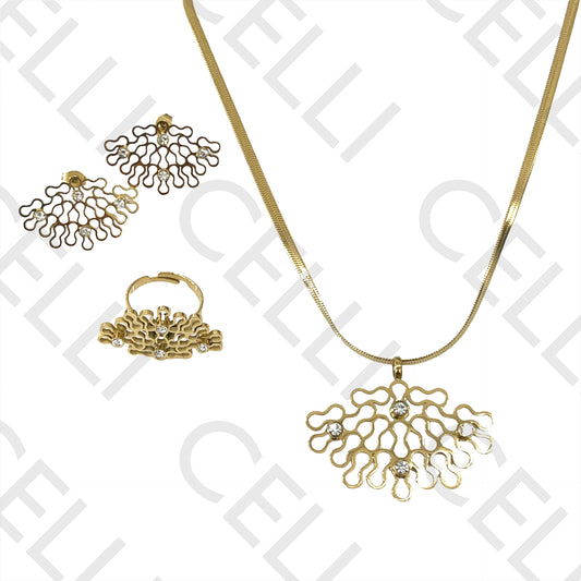 Conjunto de Colar, Brincos e Anel de Aço