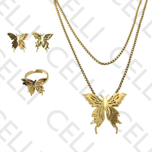 Conjunto de Colar, Brincos e Anel de Aço