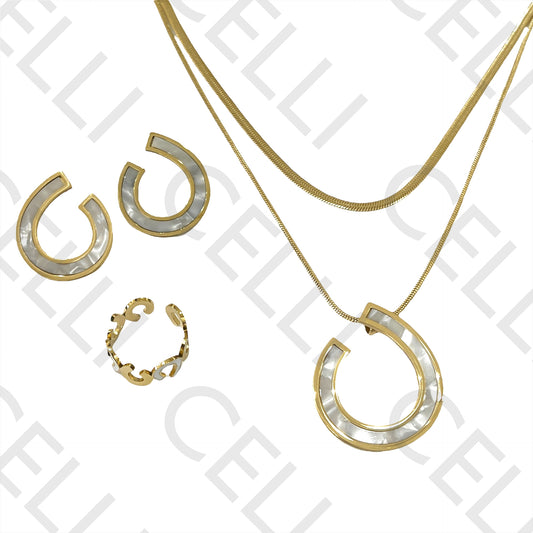 Conjunto de Colar, Brincos e Anel de Aço