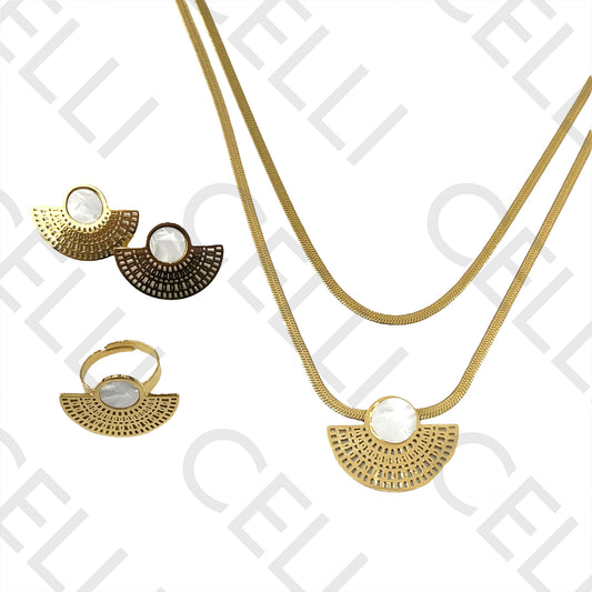 Conjunto de Colar, Brincos e Anel de Aço