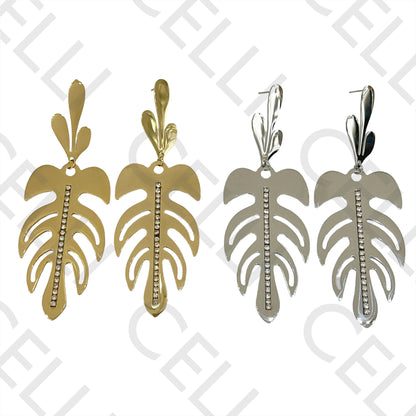 Steel Earrings - Leaves with Diamonds