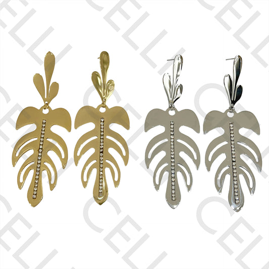Steel Earrings - Leaves with Diamonds