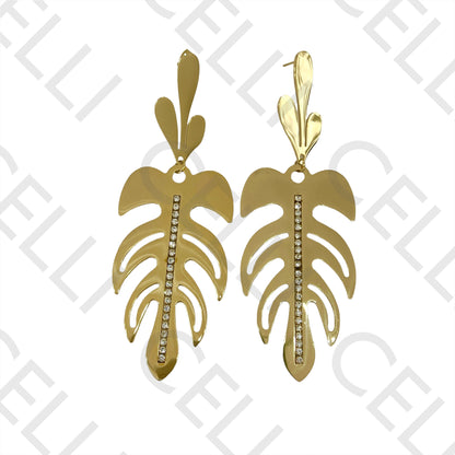 Steel Earrings - Leaves with Diamonds