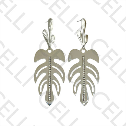 Steel Earrings - Leaves with Diamonds