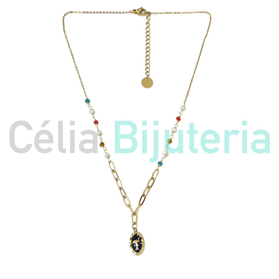 Collar de acero con perlas de agua dulce y cristales facetados - flamenco