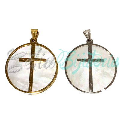 Medalha/Colar de Aço com Madrepérola - Cruz