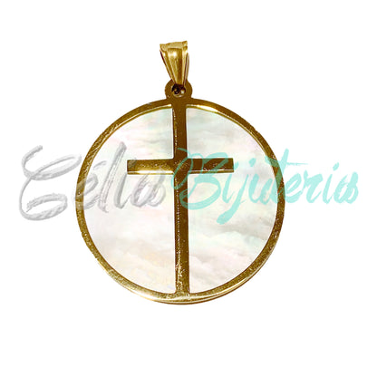 Medalha/Colar de Aço com Madrepérola - Cruz