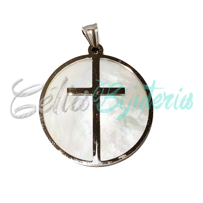 Medalha/Colar de Aço com Madrepérola - Cruz