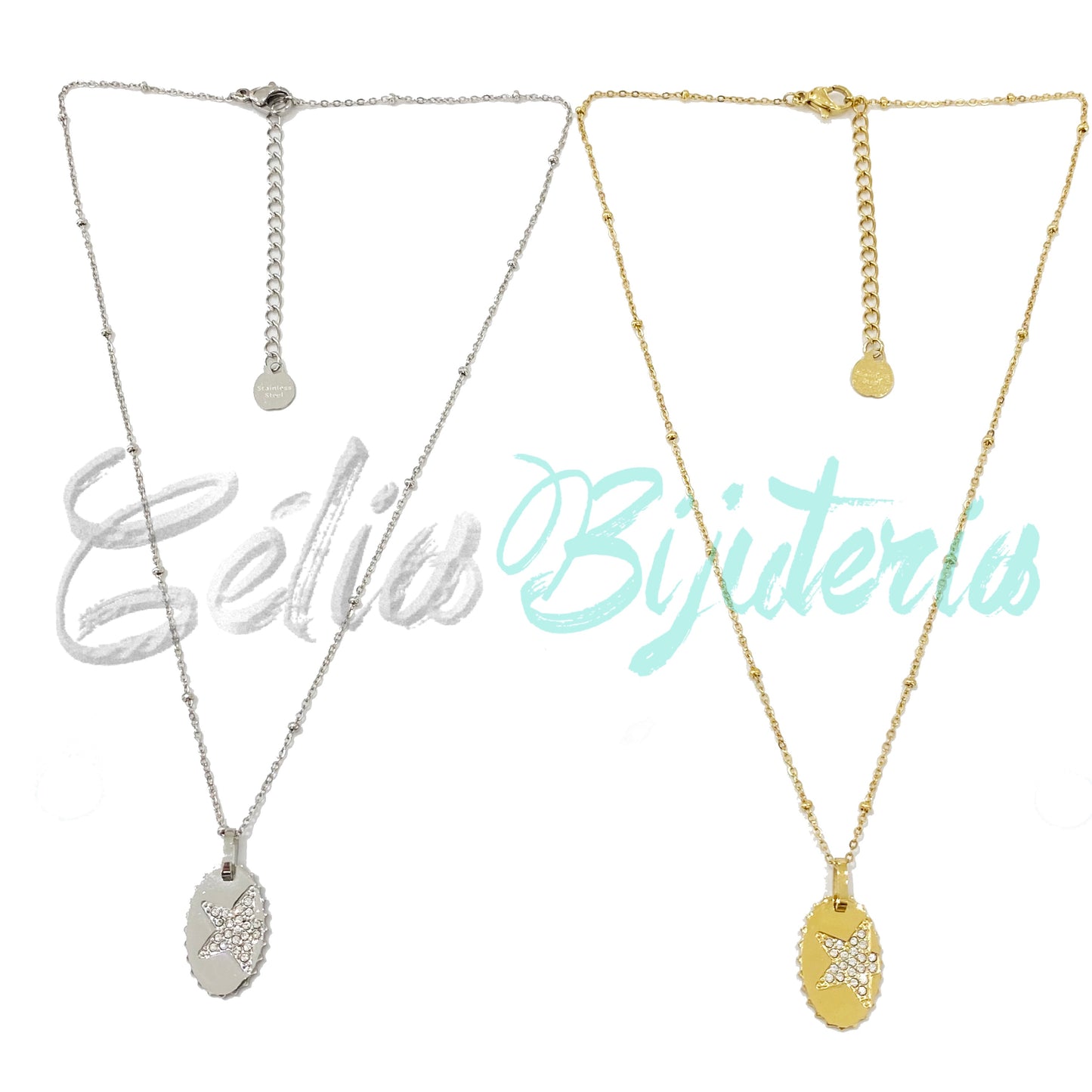 Colar de Aço com medalha com brilhantes - estrela