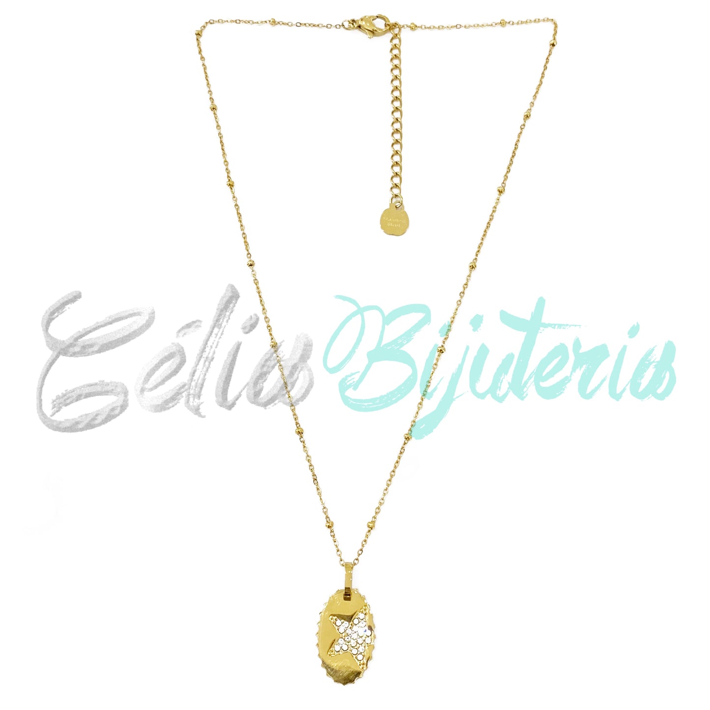 Colar de Aço com medalha com brilhantes - estrela