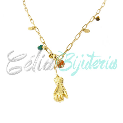 Steel Necklace with Natural Stones and Medal - Hand