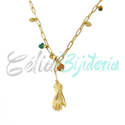 Steel Necklace with Natural Stones and Medal - Hand