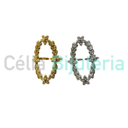 钢制戒指 - 花朵和叶子