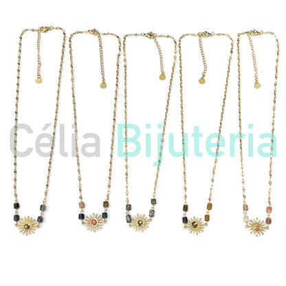 Collar de acero con piedras naturales - sol