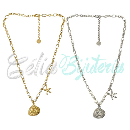 Colar de Aço - concha e estrela do mar