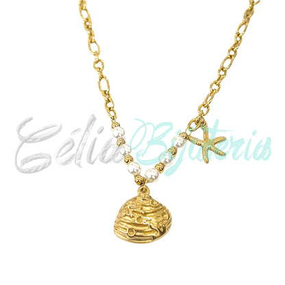 Colar de Aço - concha e estrela do mar