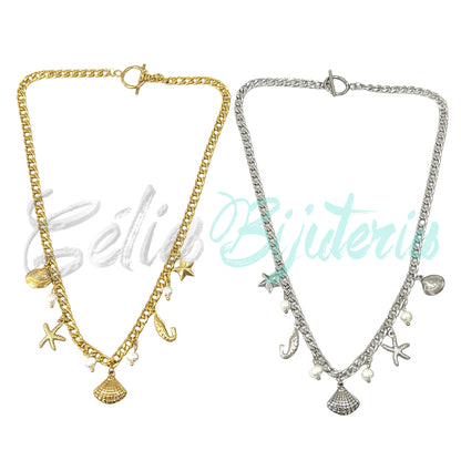 Steel Necklace - shell, whelk, starfish, shrimp, and pearls