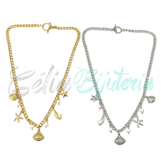 Colar de Aço - concha, búzio, estrela do mar, camarão e pérolas