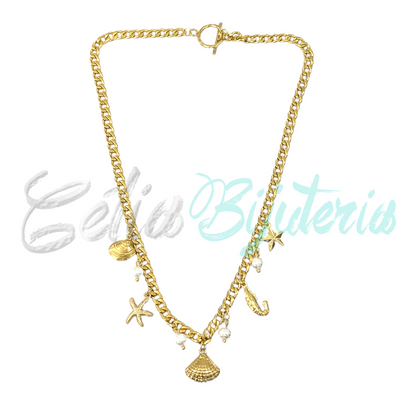 Steel Necklace - shell, whelk, starfish, shrimp, and pearls