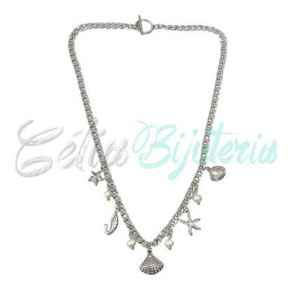 Steel Necklace - shell, whelk, starfish, shrimp, and pearls