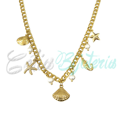Steel Necklace - shell, whelk, starfish, shrimp, and pearls